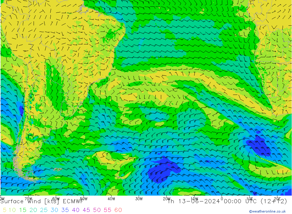 Surface wind ECMWF Th 13.06.2024 00 UTC