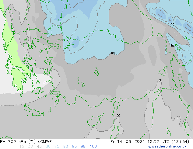 Humedad rel. 700hPa ECMWF vie 14.06.2024 18 UTC