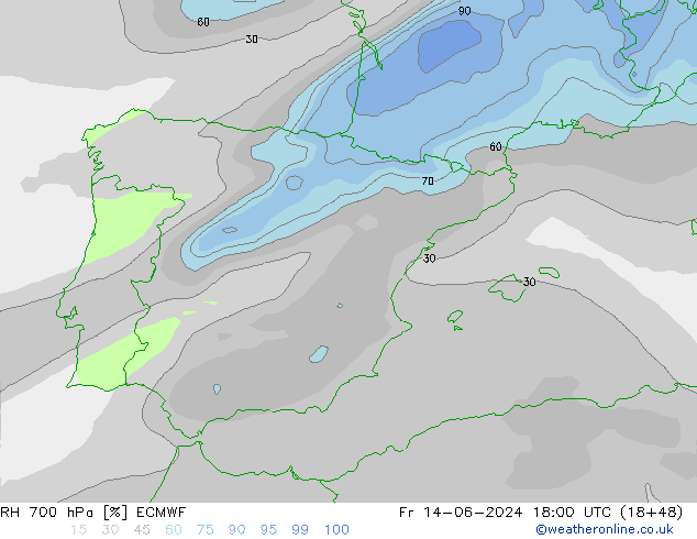 Humidité rel. 700 hPa ECMWF ven 14.06.2024 18 UTC