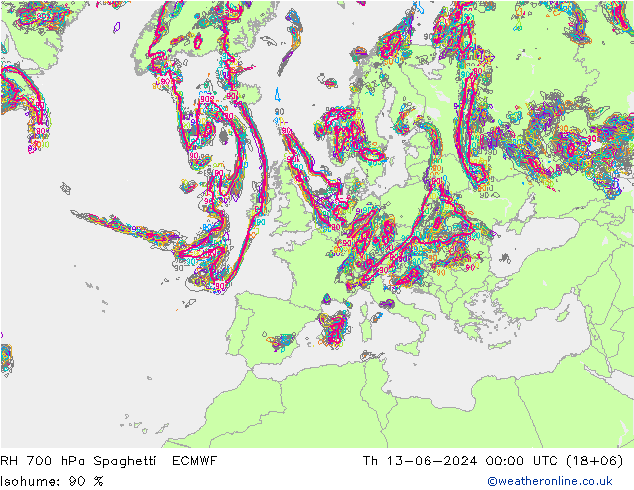 Humedad rel. 700hPa Spaghetti ECMWF jue 13.06.2024 00 UTC