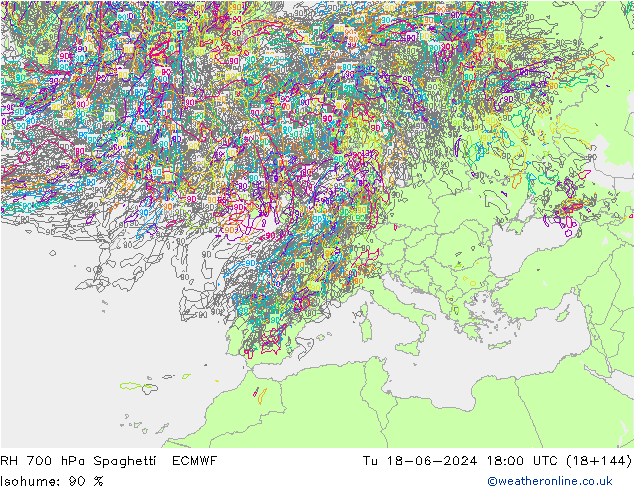 RH 700 hPa Spaghetti ECMWF Út 18.06.2024 18 UTC