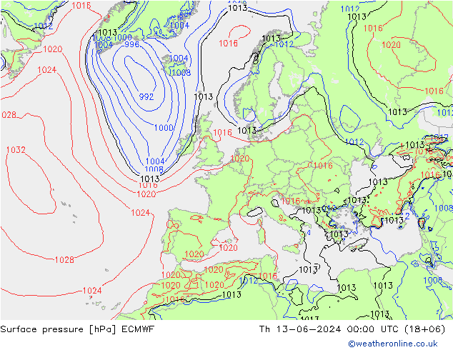 Luchtdruk (Grond) ECMWF do 13.06.2024 00 UTC