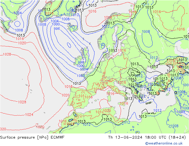 Bodendruck ECMWF Do 13.06.2024 18 UTC