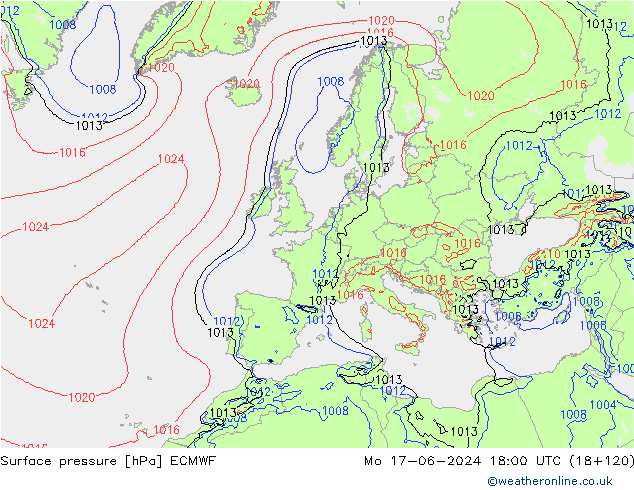 Presión superficial ECMWF lun 17.06.2024 18 UTC