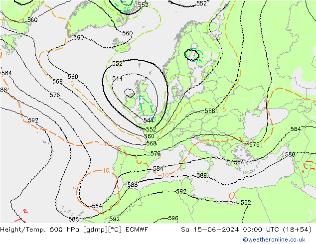 Height/Temp. 500 hPa ECMWF so. 15.06.2024 00 UTC