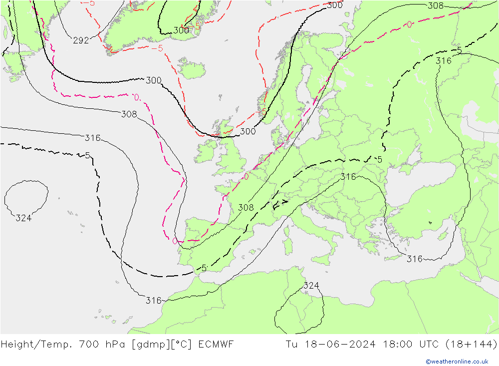 Height/Temp. 700 hPa ECMWF mar 18.06.2024 18 UTC