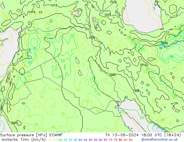 Isotachs (kph) ECMWF Th 13.06.2024 18 UTC