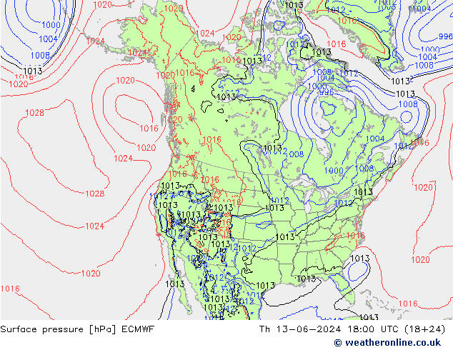 Surface pressure ECMWF Th 13.06.2024 18 UTC