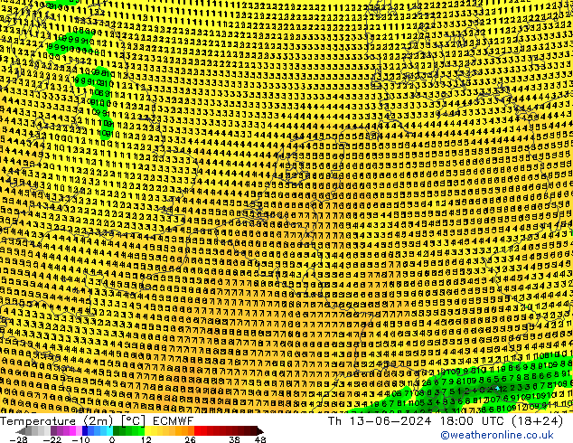 Temperature (2m) ECMWF Th 13.06.2024 18 UTC