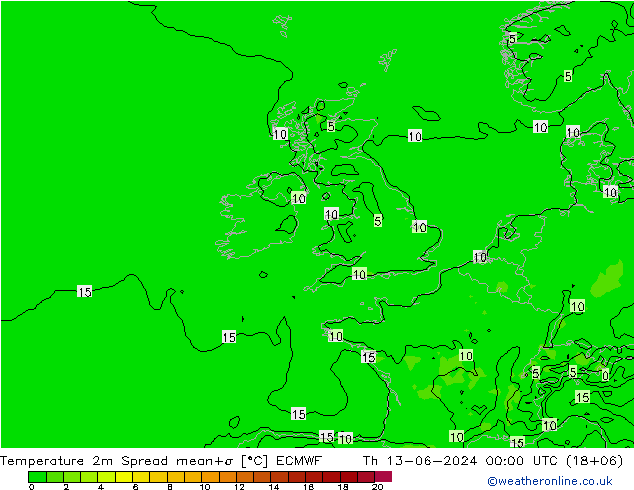 Temperature 2m Spread ECMWF Th 13.06.2024 00 UTC