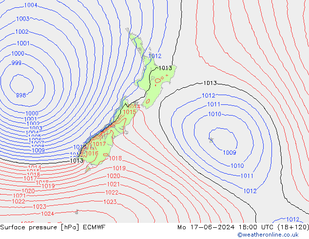 Presión superficial ECMWF lun 17.06.2024 18 UTC