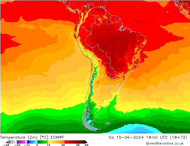 Temperature (2m) ECMWF Sa 15.06.2024 18 UTC