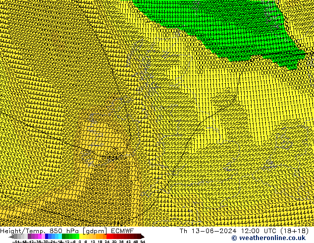 Height/Temp. 850 hPa ECMWF Qui 13.06.2024 12 UTC