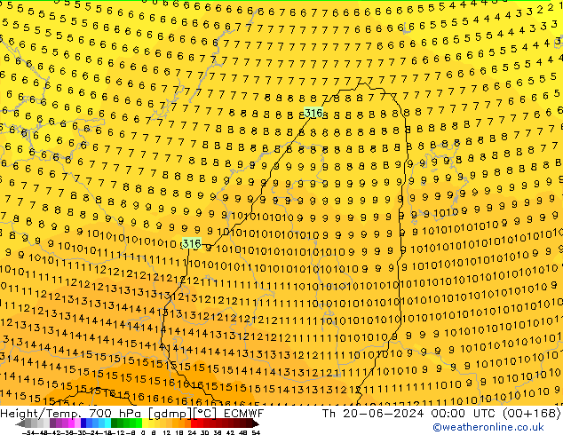 Height/Temp. 700 hPa ECMWF Th 20.06.2024 00 UTC