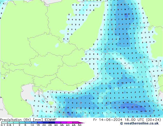 осадки (6h) ECMWF пт 14.06.2024 00 UTC