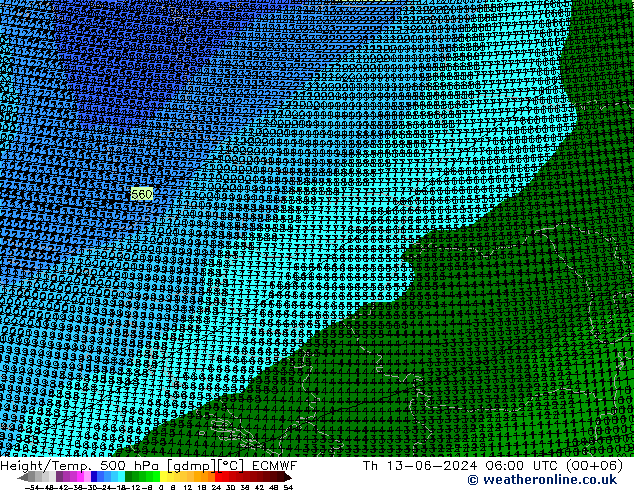 Height/Temp. 500 hPa ECMWF gio 13.06.2024 06 UTC