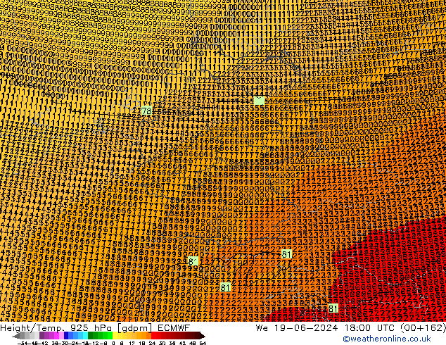 Height/Temp. 925 hPa ECMWF śro. 19.06.2024 18 UTC