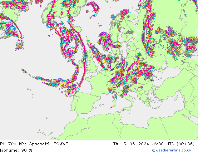 RH 700 hPa Spaghetti ECMWF czw. 13.06.2024 06 UTC