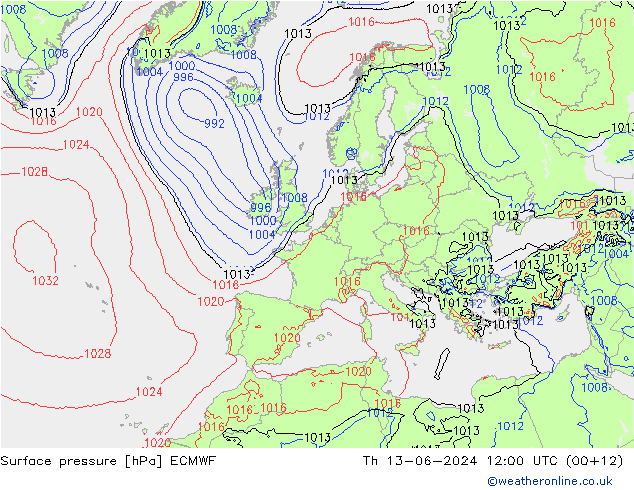 地面气压 ECMWF 星期四 13.06.2024 12 UTC