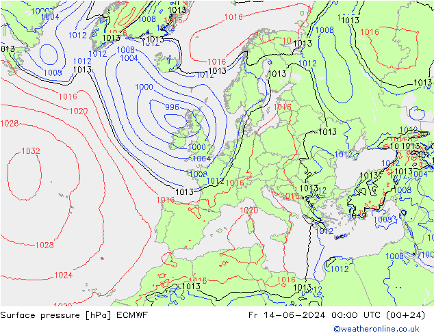 Presión superficial ECMWF vie 14.06.2024 00 UTC