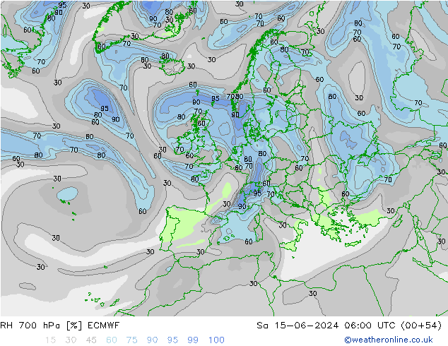 RH 700 гПа ECMWF сб 15.06.2024 06 UTC