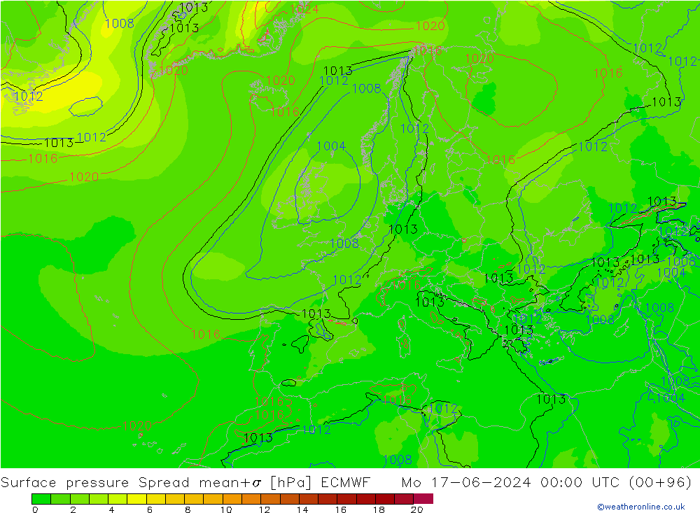 Luchtdruk op zeeniveau Spread ECMWF ma 17.06.2024 00 UTC