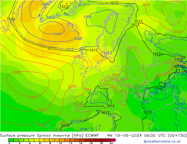 Surface pressure Spread ECMWF We 19.06.2024 06 UTC