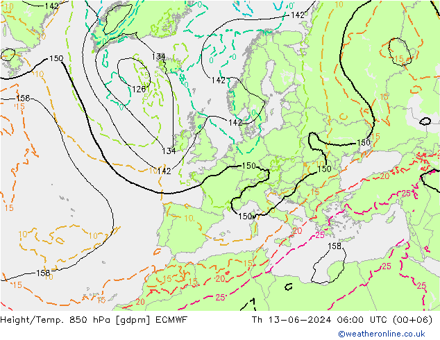 Geop./Temp. 850 hPa ECMWF jue 13.06.2024 06 UTC