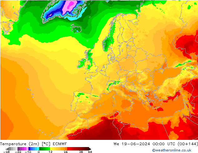 Temperatura (2m) ECMWF Qua 19.06.2024 00 UTC