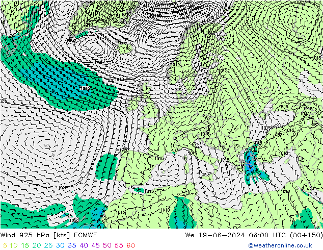 ветер 925 гПа ECMWF ср 19.06.2024 06 UTC