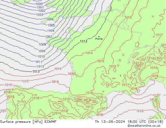 ciśnienie ECMWF czw. 13.06.2024 18 UTC