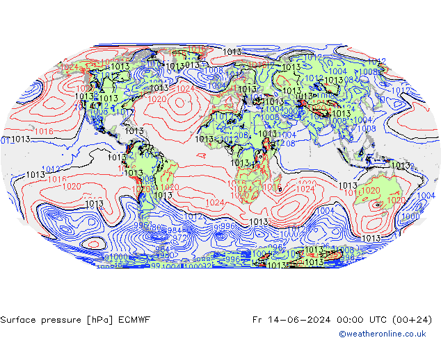 Presión superficial ECMWF vie 14.06.2024 00 UTC