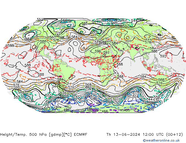 Height/Temp. 500 hPa ECMWF Th 13.06.2024 12 UTC