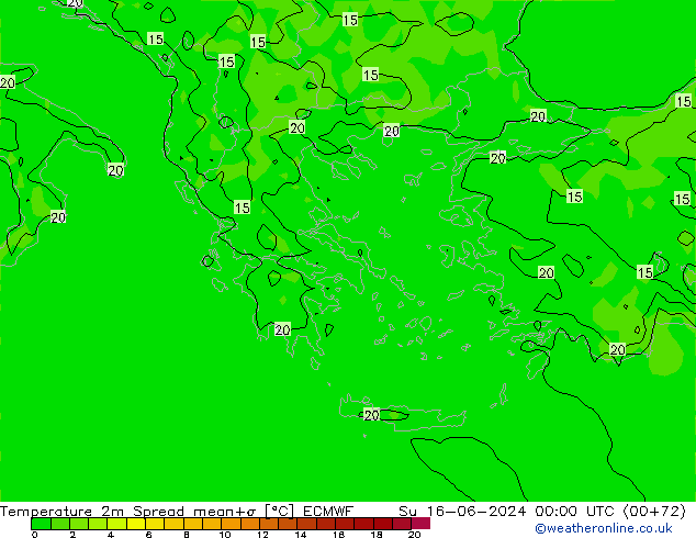 карта температуры Spread ECMWF Вс 16.06.2024 00 UTC