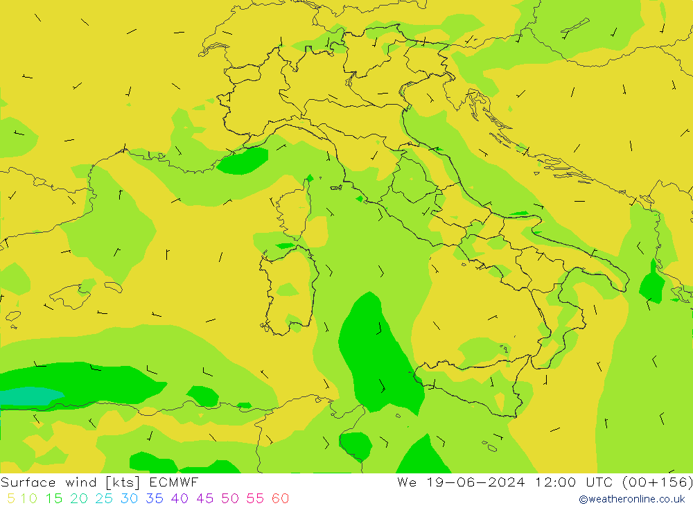 Vento 10 m ECMWF Qua 19.06.2024 12 UTC