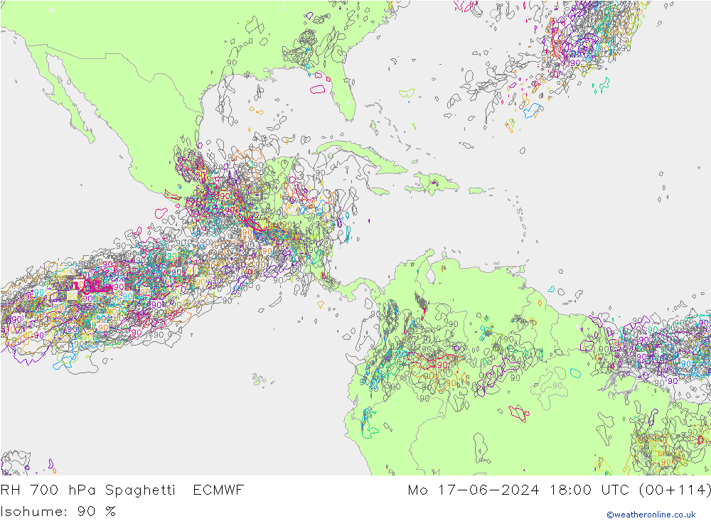 RH 700 hPa Spaghetti ECMWF Mo 17.06.2024 18 UTC