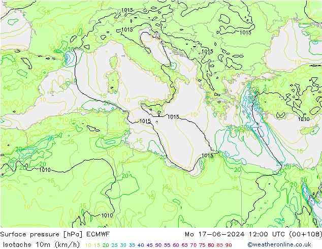 Isotachs (kph) ECMWF пн 17.06.2024 12 UTC