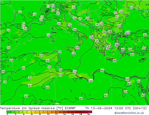 température 2m Spread ECMWF jeu 13.06.2024 12 UTC