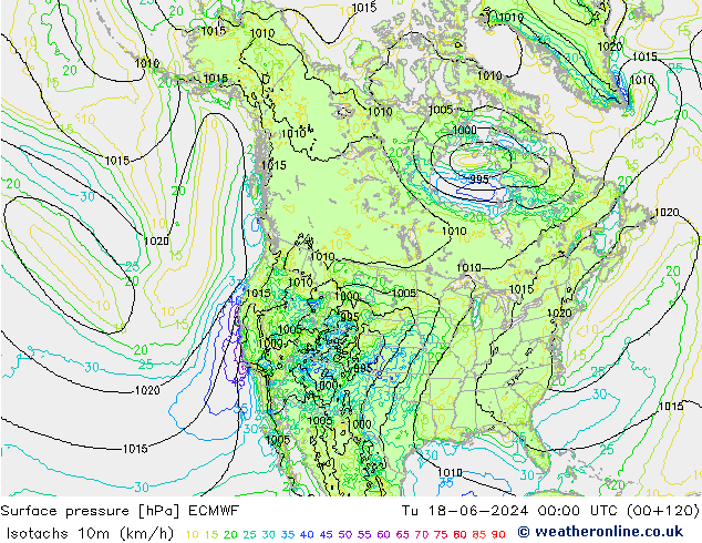 Eşrüzgar Hızları (km/sa) ECMWF Sa 18.06.2024 00 UTC