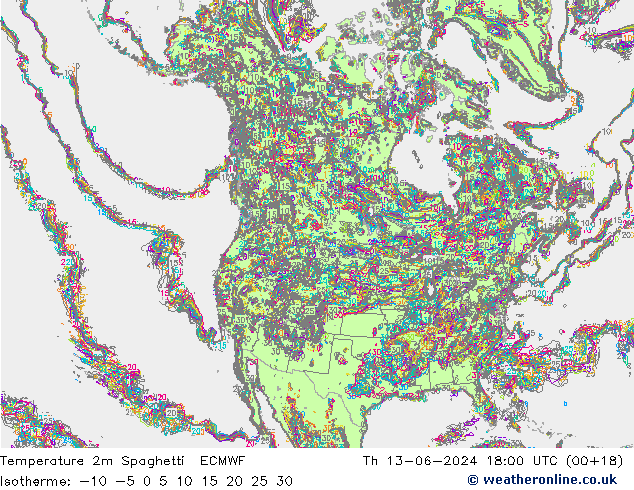 Temperature 2m Spaghetti ECMWF Th 13.06.2024 18 UTC