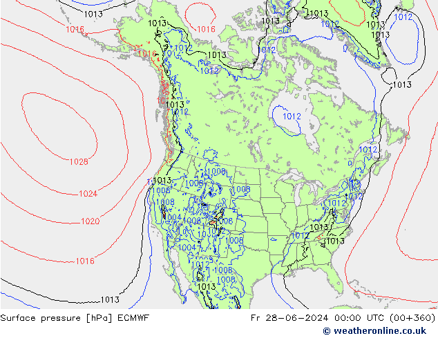 Presión superficial ECMWF vie 28.06.2024 00 UTC