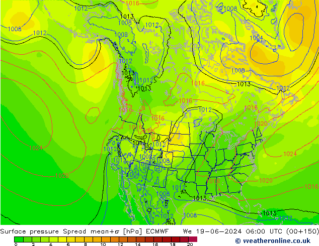 Surface pressure Spread ECMWF We 19.06.2024 06 UTC