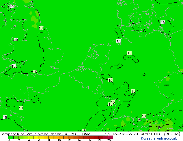 Temperaturkarte Spread ECMWF Sa 15.06.2024 00 UTC