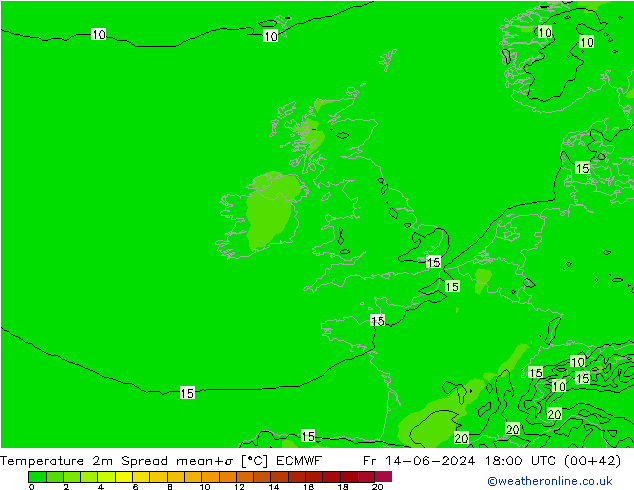 Temperature 2m Spread ECMWF Fr 14.06.2024 18 UTC