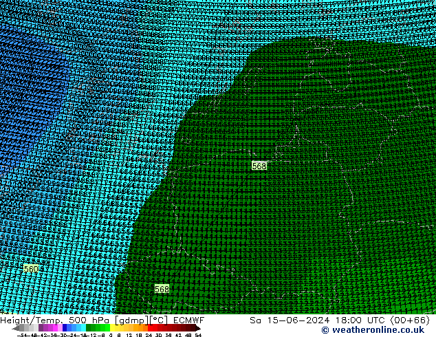 Hoogte/Temp. 500 hPa ECMWF za 15.06.2024 18 UTC