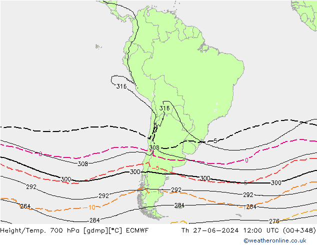 Geop./Temp. 700 hPa ECMWF jue 27.06.2024 12 UTC