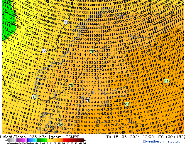 Height/Temp. 925 hPa ECMWF Út 18.06.2024 12 UTC