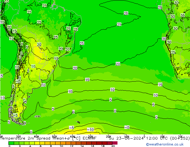 карта температуры Spread ECMWF Вс 23.06.2024 12 UTC