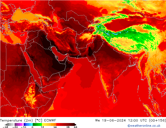 Temperatuurkaart (2m) ECMWF wo 19.06.2024 12 UTC