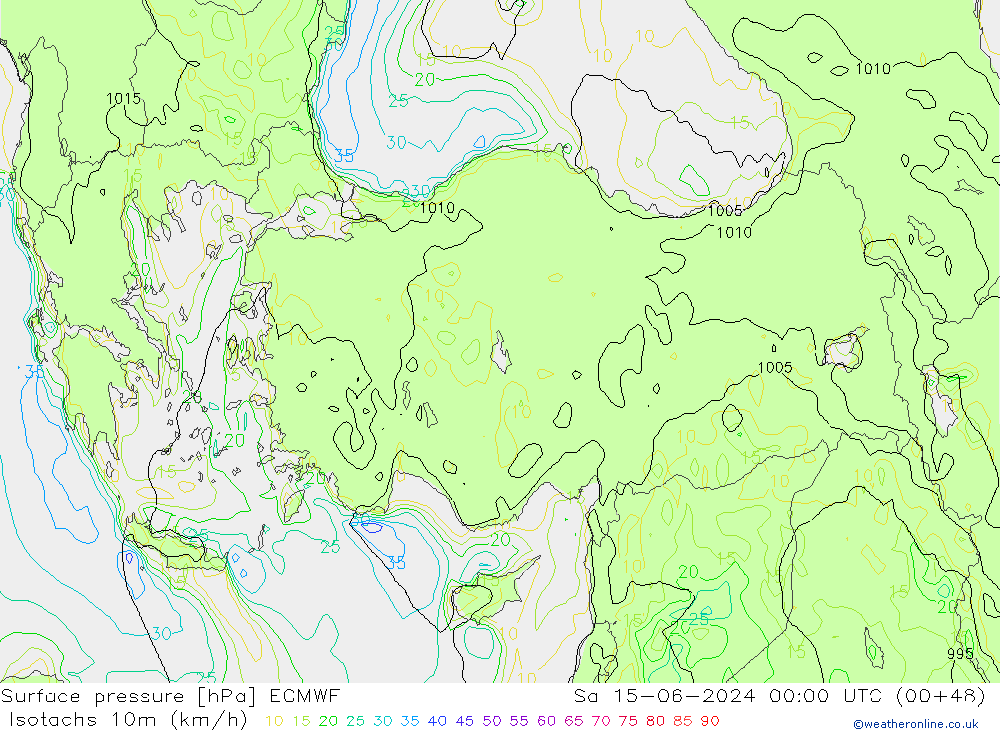 Isotachs (kph) ECMWF So 15.06.2024 00 UTC